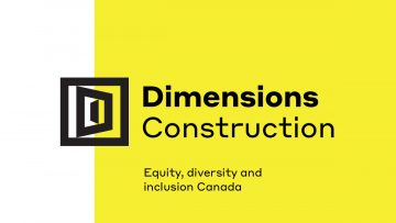 Title text reads 'Dimensions Construction' and subtitle text reads Equity, diversity and inclusion Canada