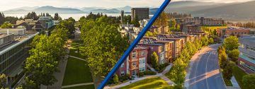 Birds eye view of the Okanagan and Vancouver campuses side-by-side