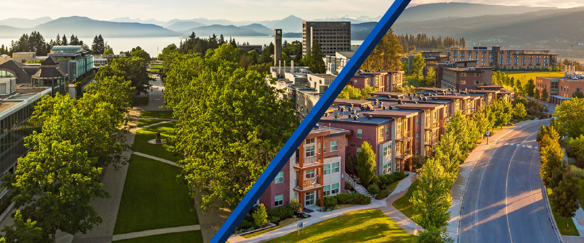 Birds eye view of the Okanagan and Vancouver campuses side-by-side